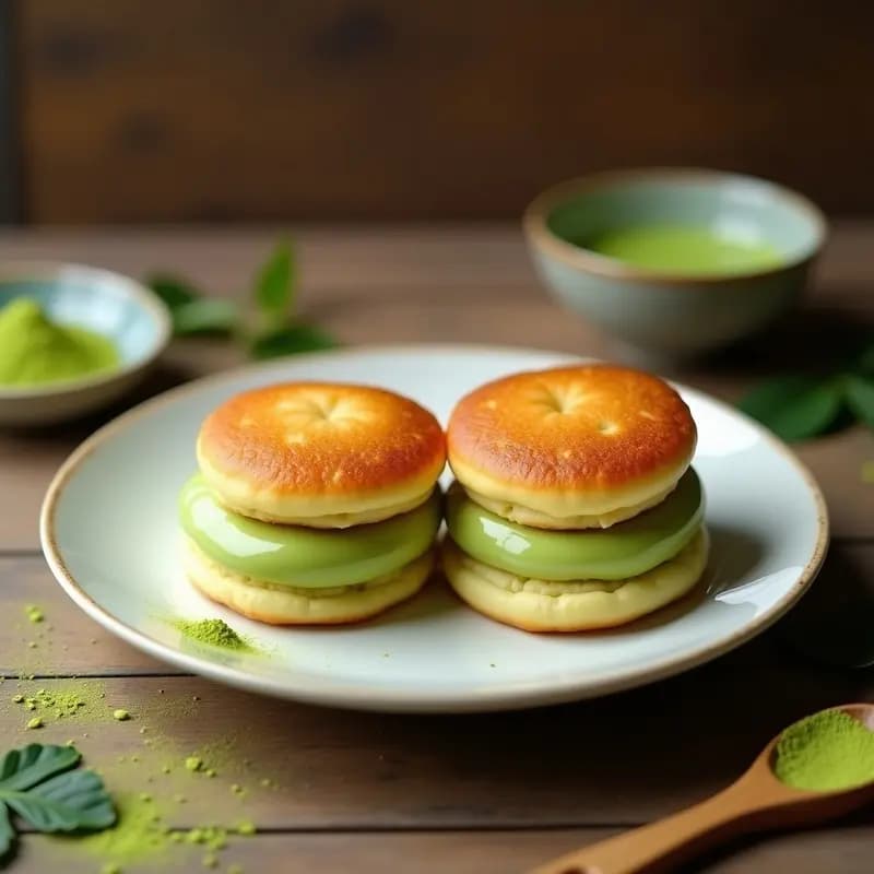 Dorayaki japonés relleno de crema de matcha, postre esponjoso y antioxidante, con panqueques dorados y crema verde vibrante en el centro, servido en plato blanco con decoración de matcha en polvo.