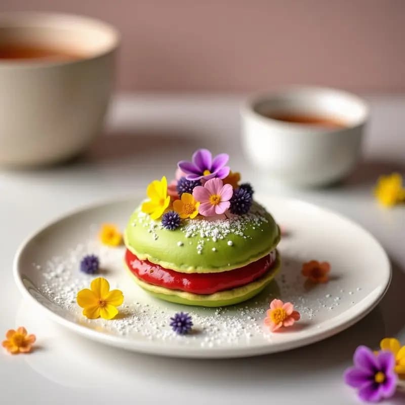 Dorayaki japonés estético con capas de bizcocho esponjoso verde matcha relleno de crema suave de frijoles rojos, decorado con flores comestibles coloridas y espolvoreado con azúcar glass sobre fondo blanco minimalista.