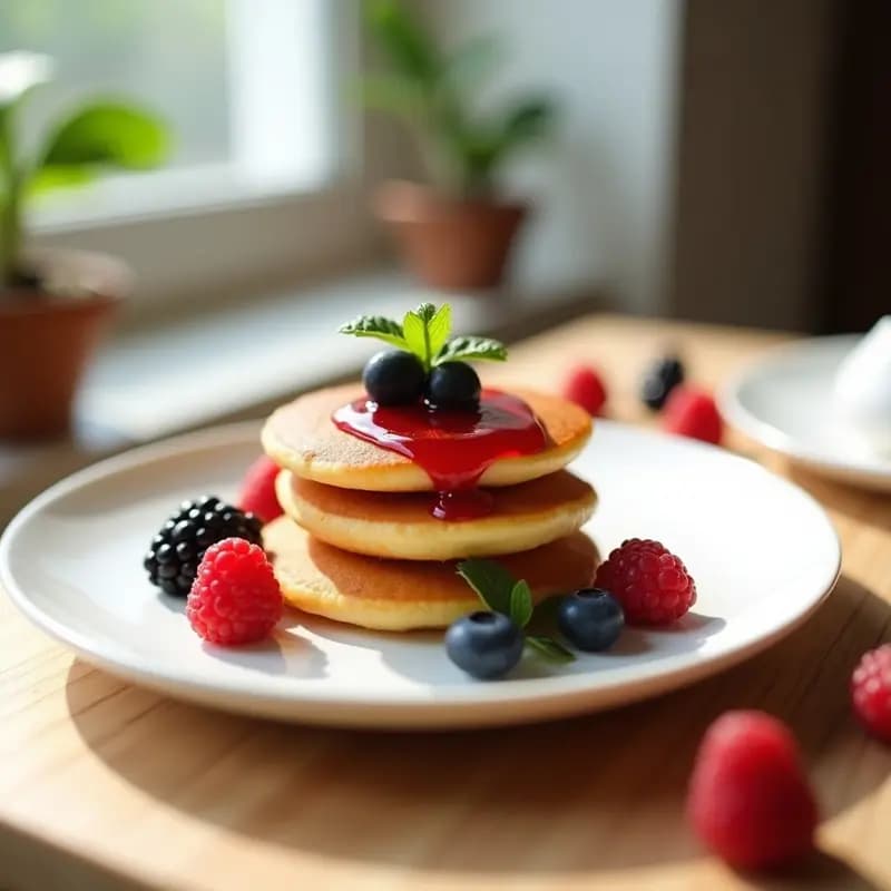 Dorayaki japonés esponjoso relleno de mermelada de frutos rojos, postre tradicional sin lactosa, servido en plato blanco con frutos rojos frescos alrededor.