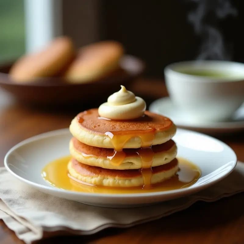 Dorayaki japonés de miel y crema de castaña servido en plato blanco, con discos dorados esponjosos y relleno cremoso asomando por los bordes, postre tradicional en sartén.