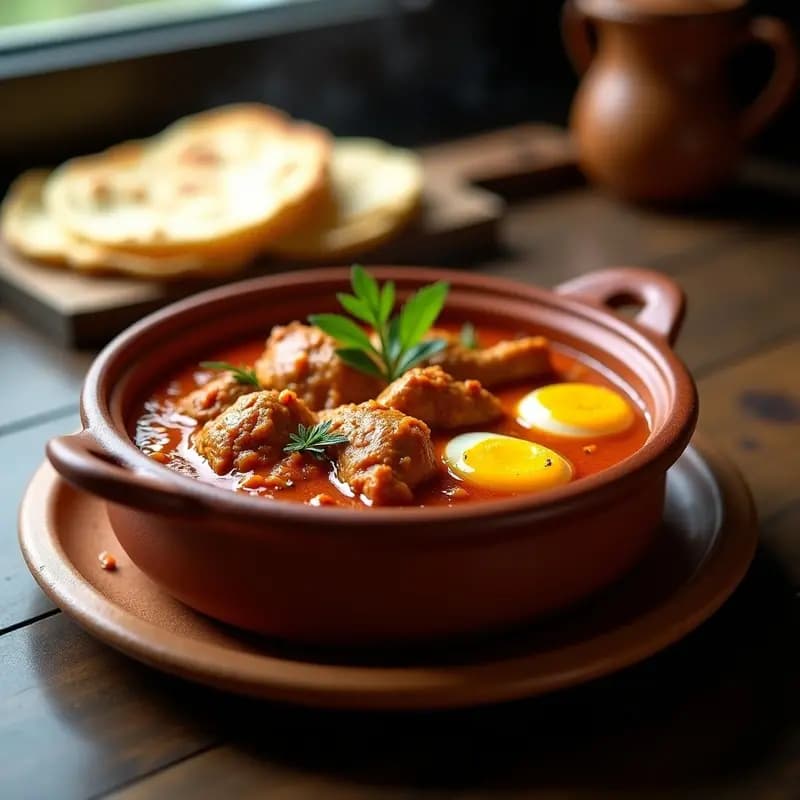 Olla de barro humeante con Doro Wat Etiopía: estofado de pollo dorado en salsa espesa de berbere, huevos duros enteros y especias visibles, servido con injera al lado.