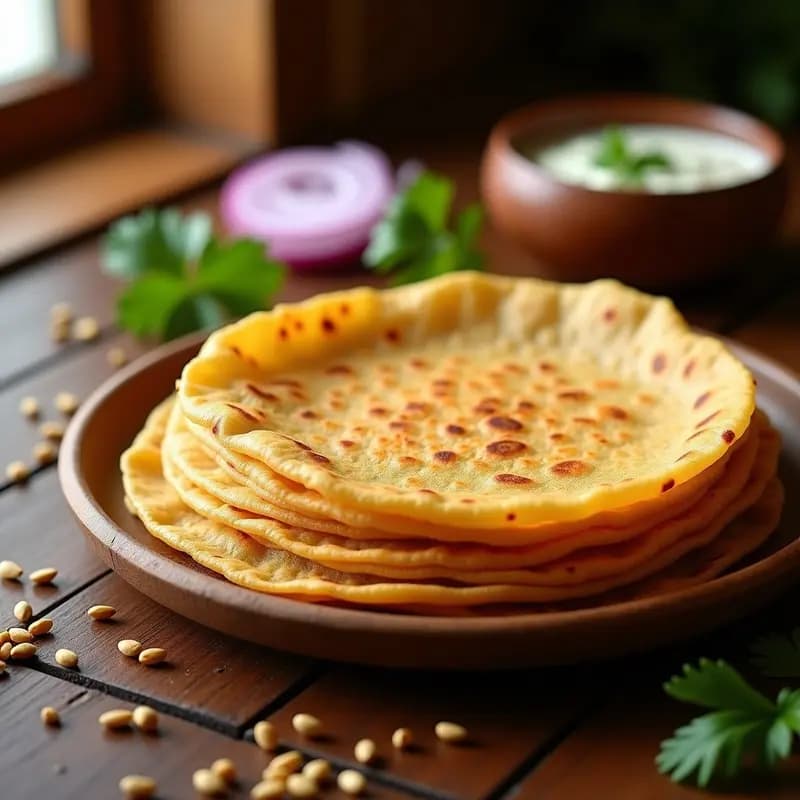 Dosai dorada y crujiente de lentejas rojas y arroz, con bordes ligeramente ondulados, servida en plato de barro con chutney verde y cilantro fresco espolvoreado, receta tradicional india vegana y sin gluten.