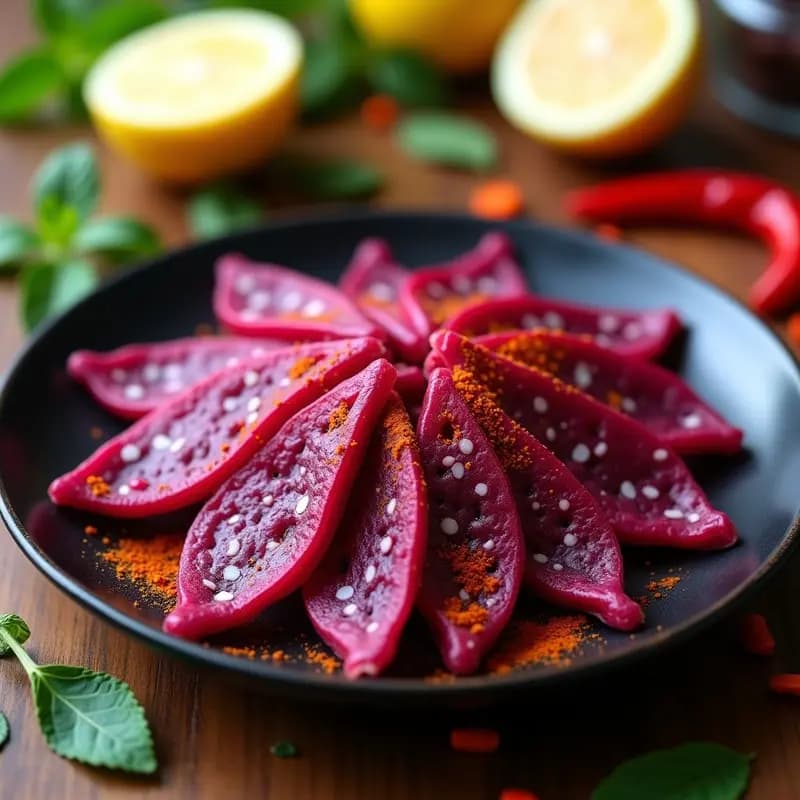 Tiras de Dragon Fruit Jerky deshidratadas, de color rojo intenso con vetas blancas, espolvoreadas con chile en polvo, dispuestas en forma de abanico sobre un plato de madera oscura. Fondo borroso con hojas de menta y limones cortados para decoración.