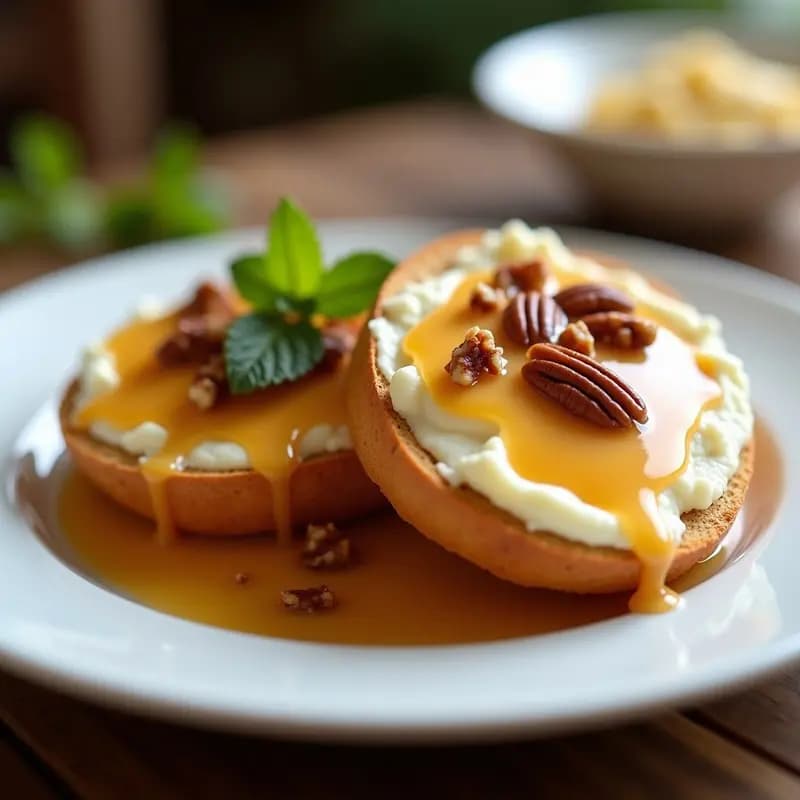 Plato blanco con dulce de leche dorado y burbujeante cubriendo láminas derretidas de queso brie, espolvoreado con nueces picadas y canela, acompañado de tostadas de pan brioche doradas. Postre francés rápido en microondas.