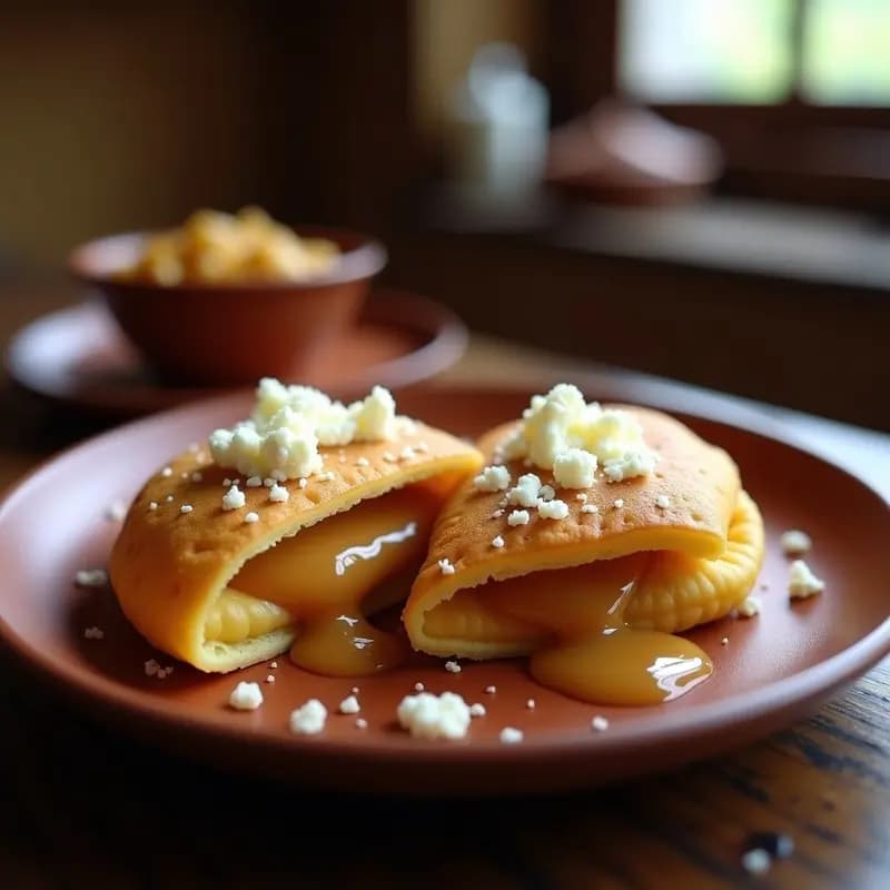 Plato rústico de madera con arepas de maíz blanco abiertas, rellenas de dulce de leche colombiano dorado y espolvoreadas con queso fresco desmenuzado. Al fondo, una olla de barro con más dulce de leche y una rama de canela.