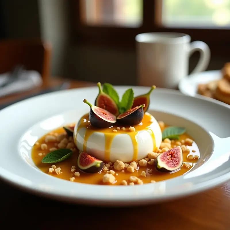 Plato blanco elegante con queso burrata abierto en el centro, rodeado de cuartos de higos frescos, dulce de leche cortada espolvoreada, nueces pecanas tostadas, miel de romero y hojas de menta. Postre argentino gourmet.