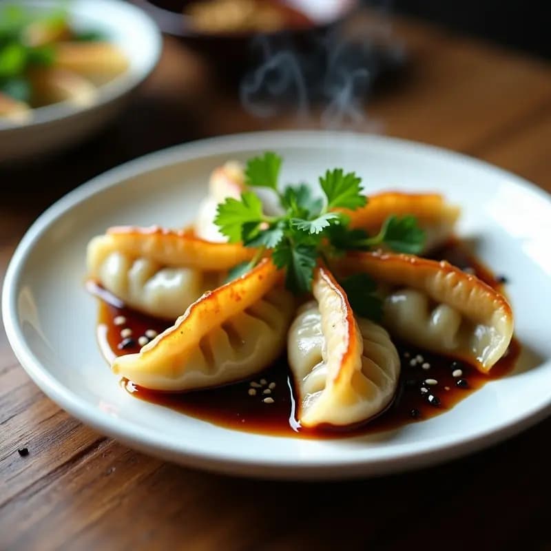 Plato blanco con dumplings de cerdo y col china al vapor, dispuestos en círculo, bañados en salsa de sésamo y jengibre oscuro, decorados con cebolla verde picada y semillas de sésamo negro, sobre fondo de madera rústica.