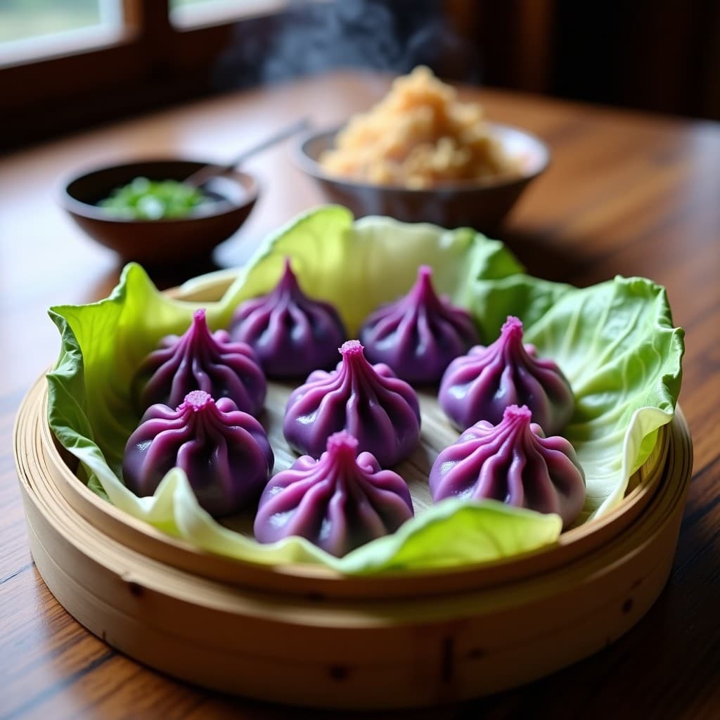 Dumplings de batata morada y tofu sedoso al vapor sobre papel de arroz, con un color morado intenso y textura tierna. Servidos en una vaporera de bambú con salsa de soja y cebollino fresco. Receta keto y sin harina.