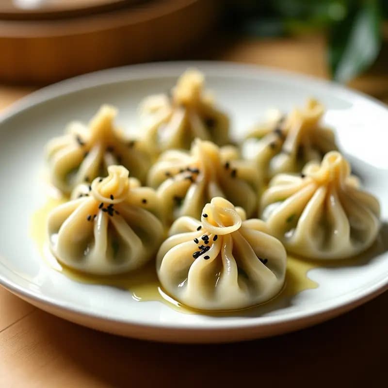 Plato blanco con dumplings de calabacín y cébada perlada al vapor, dispuestos en círculo y espolvoreados con semillas de sésamo negro, sobre fondo de madera clara con vapor visible.