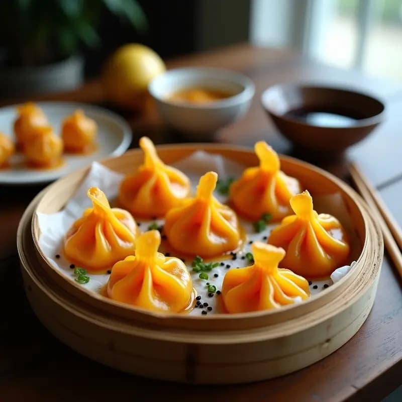 Dumplings de calabaza y gingko al vapor, con masa translúcida y relleno dorado, servidos en vaporera de bambú sobre hoja de lechuga, con salsa de tamari y aceite de sésamo.