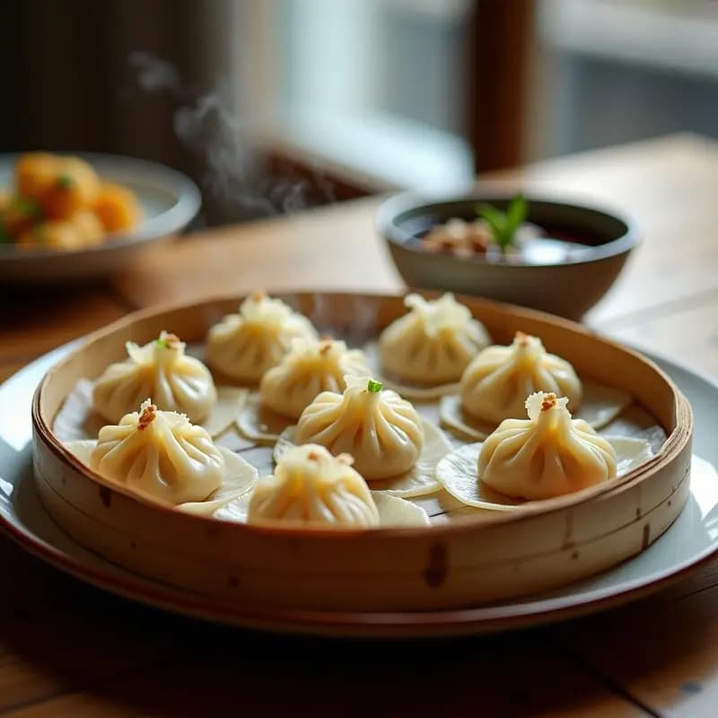 Dumplings al vapor perfectamente formados con masa translúcida, rellenos de calabaza y gorgonzola, servidos en una vaporera de bambú sobre hojas de papel de arroz. Acompañados de salsa oscura de soja y miel, decorados con cebollino y nueces picadas.