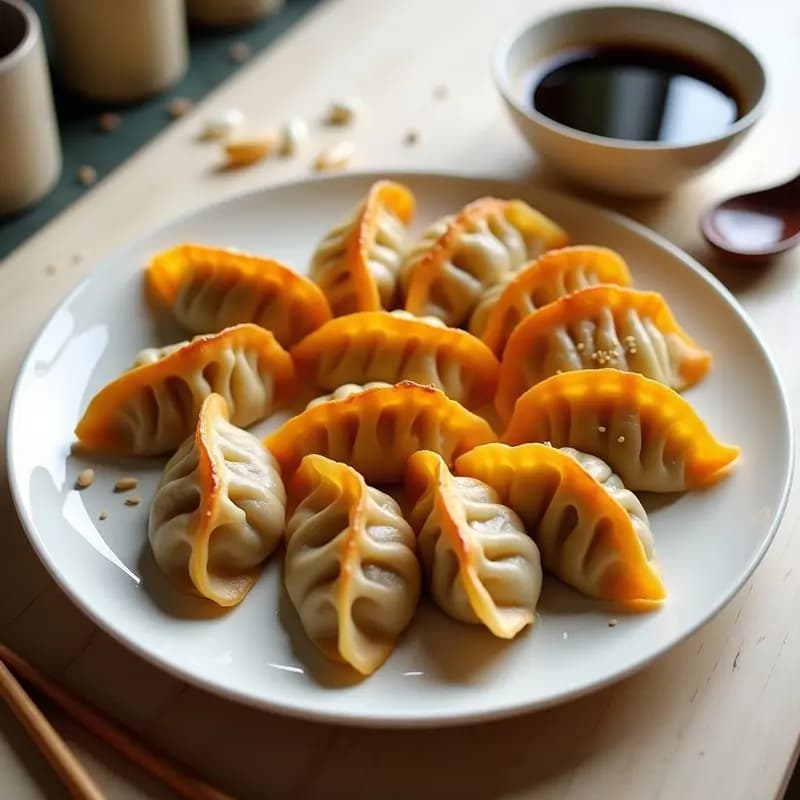 Dumplings dorados y crujientes de calabaza y jengibre dispuestos en un plato de cerámica blanca, con salsa de soja oscura y semillas de sésamo espolvoreadas, receta vegana en Airfryer.