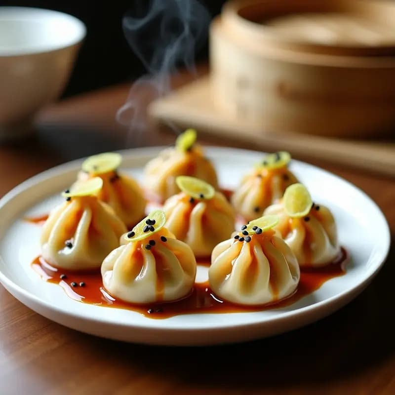 Plato blanco con dumplings de calabaza y jengibre al vapor, dispuestos en círculo y bañados con salsa de tamari oscura. Semillas de sésamo negro y rodajas de jengibre fresco como decoración. Fondo borroso con vapor y utensilios de bambú.