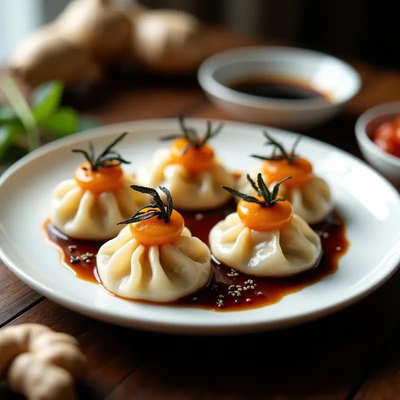 Plato blanco con dumplings de calabaza y jengibre veganos al vapor, decorados con semillas de sésamo negro y salsa tamari brillante, sobre fondo de madera oscura.