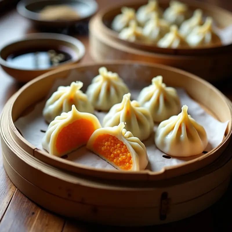 Dumplings de calabaza y queso feta al vapor dispuestos en una vaporera de bambú, con masa translúcida y relleno visible por los pliegues. Acompañados de hojas de col china y un hilo de aceite de sésamo, sobre fondo de madera rústica.