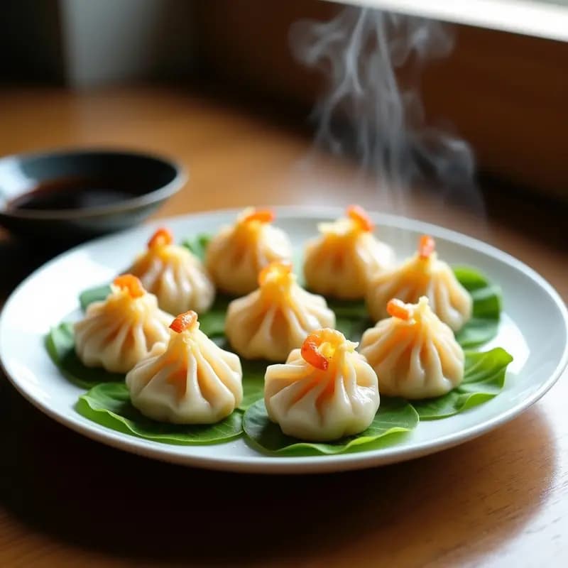 Dumplings de camarón y cebolla china al vapor dispuestos en una vaporera de bambú con hojas de lechuga, receta cantonesa baja en calorías y jugosa.