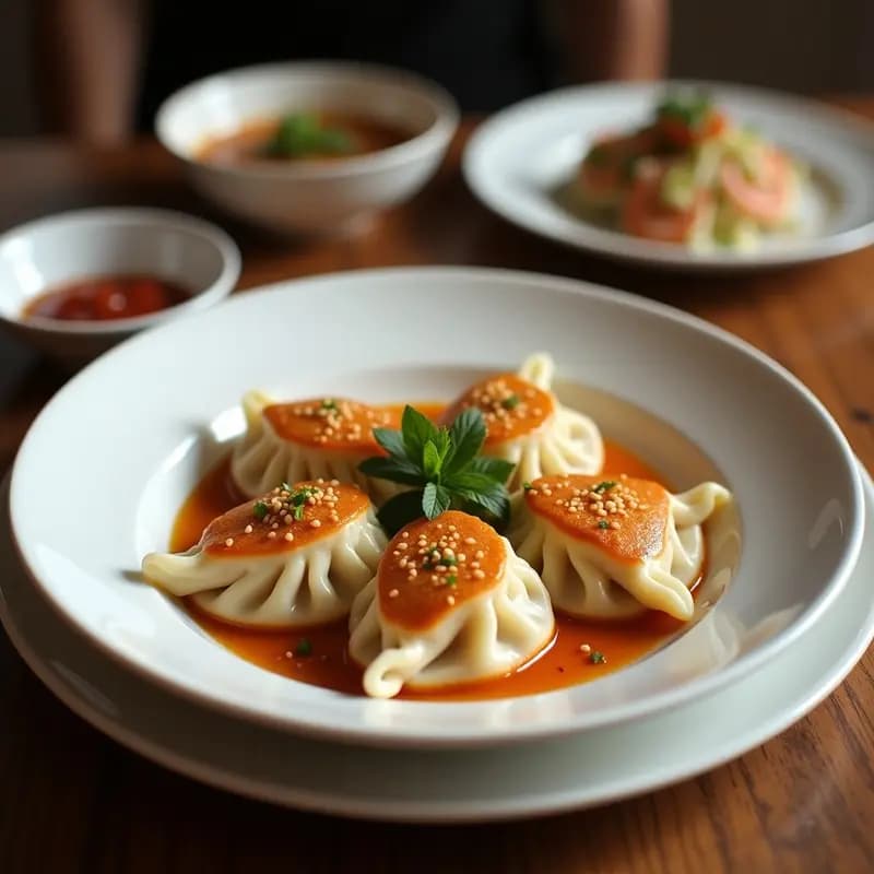 Dumplings chinos de camarón y cebollino al vapor, dispuestos en hoja de lechuga, con salsa de sésamo y chile en un bol pequeño al lado. Plato elegante con toques de cebollino fresco y semillas de sésamo.