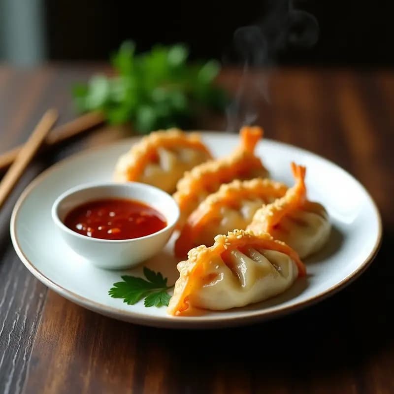 Dumplings de camarón y cilantro dorados en sartén antiadherente, servidos con salsa de chili roja brillante y semillas de sésamo espolvoreadas, receta china tradicional.