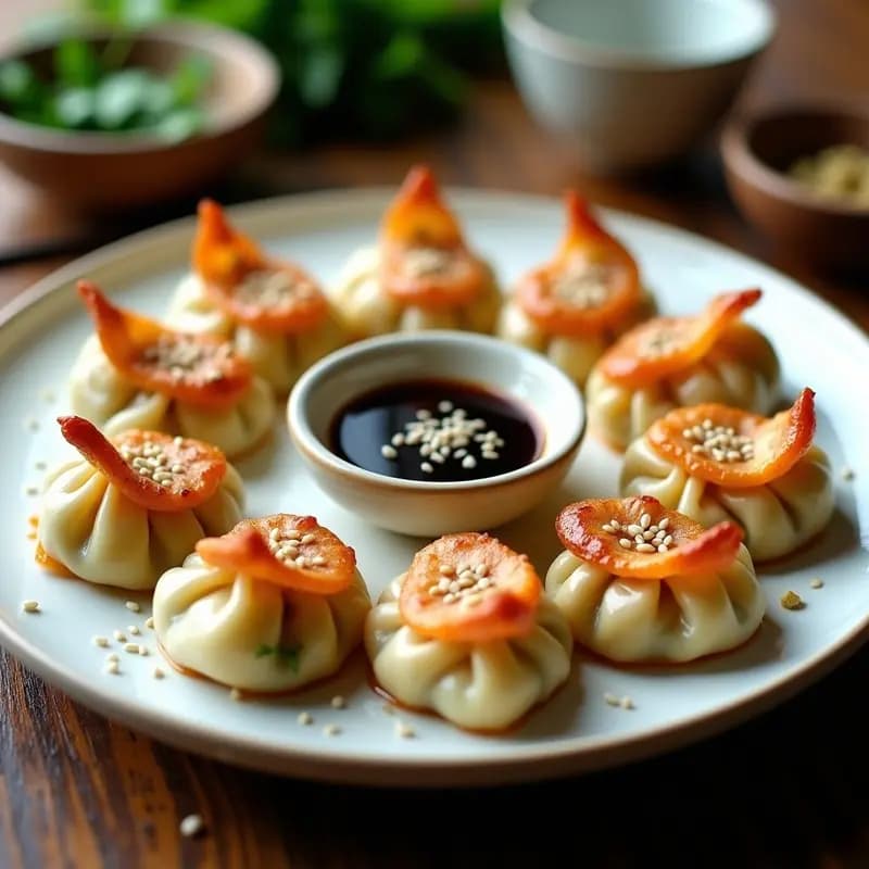 Dumplings de camarón y cilantro al vapor servidos en vaporera de bambú sobre hojas de lechuga romana, acompañados de salsa de sésamo y vinagre negro en un cuenco pequeño. Plato tradicional chino con textura translúcida y pliegues decorativos.