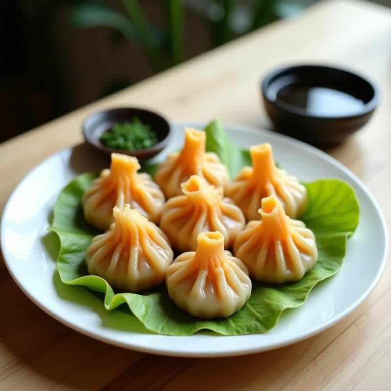 Plato blanco con dumplings de camarón y cítricos al vapor, brillantes y bien formados, servidos sobre hojas de lechuga. Acompañados de un cuenco pequeño con salsa de soja negra y decorados con cebollino fresco picado. Receta china en Thermomix.