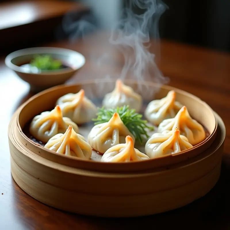 Dumplings chinos al vapor de camarón y jengibre dispuestos en vaporera de bambú, brillantes y bien sellados, acompañados de salsa de soja y vinagre en un tazón pequeño. Decorados con cebollino picado y aceite de sésamo.