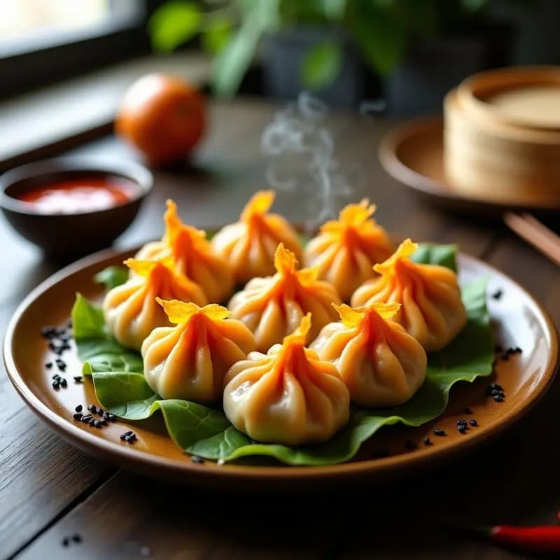 Dumplings de camote y cacahuete al vapor dispuestos en una vaporera de bambú, con su masa translúcida y relleno dorado, acompañados de salsa de chile y ajo en un bol pequeño y hojas de lechuga romana. Plato colorido y apetitoso con semillas de sésamo negro espolvoreadas.