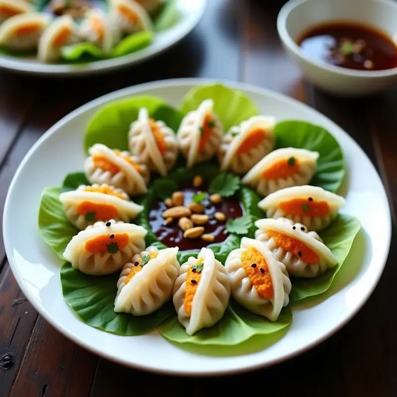Plato blanco con dumplings de camote y cacahuete al vapor, brillantes y translúcidos, servidos con salsa de tamarindo oscura y decorados con cilantro fresco y cacahuetes triturados.