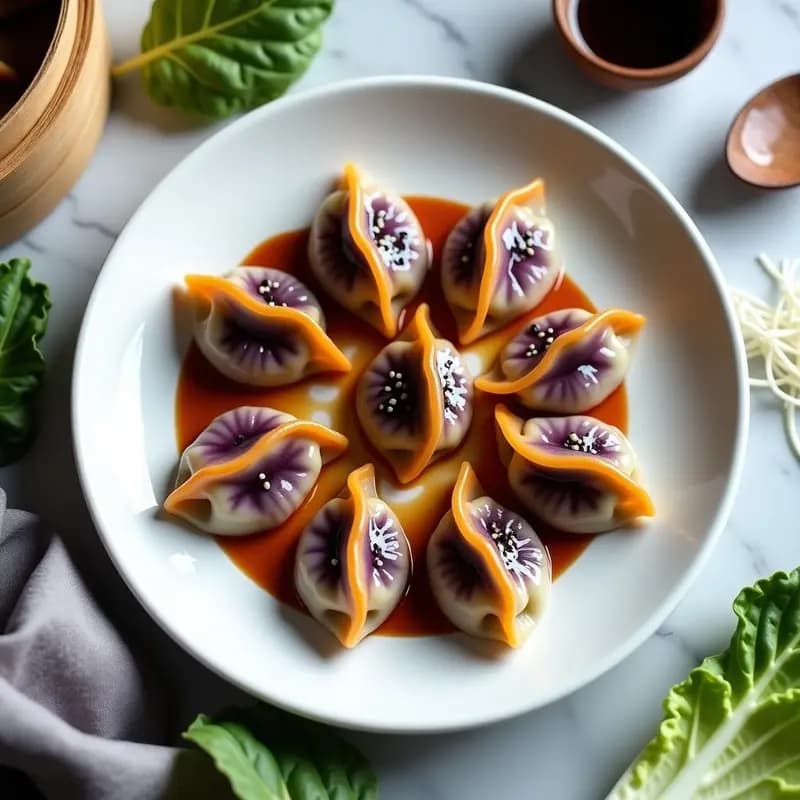 Plato blanco con dumplings de camote morado y cebolla caramelizada dispuestos en círculo, bañados en salsa de tamari oscura y espolvoreados con semillas de sésamo negro. Fondo con hojas de repollo chino y brotes de soja frescos. Receta china vegana en olla lenta.