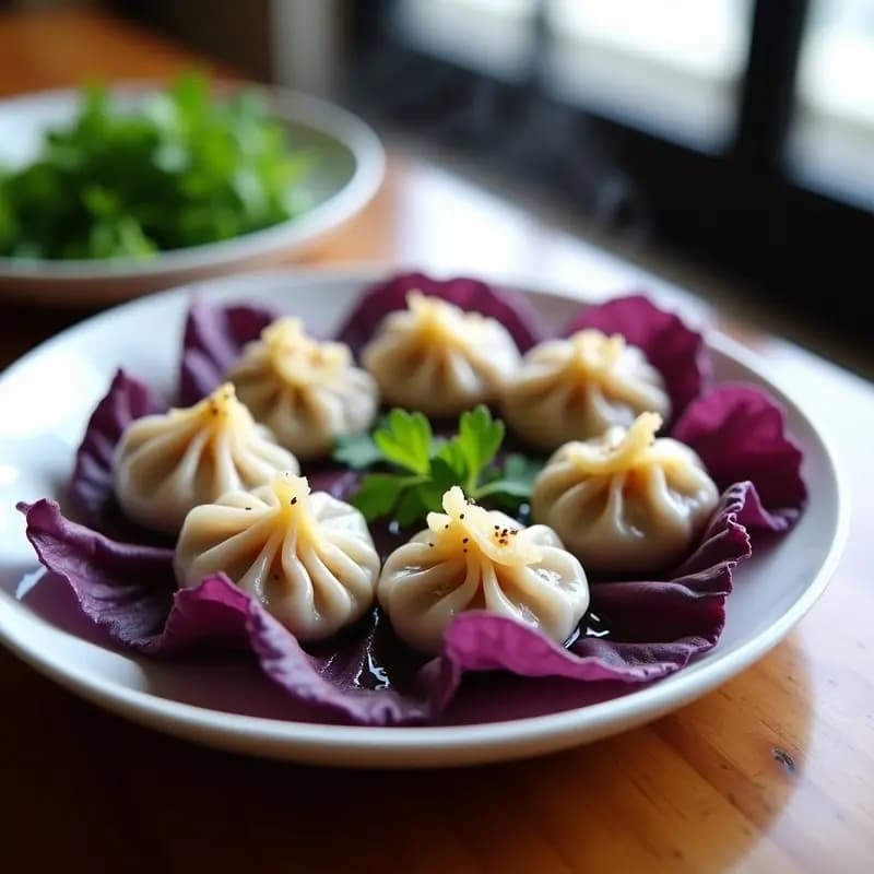 Dumplings japoneses de camote morado y hongos shitake veganos al vapor, dispuestos en una vaporera de bambú con semillas de sésamo negro y cebollino fresco, receta rápida y saludable.