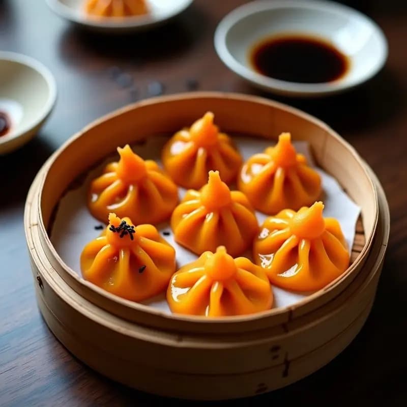 Dumplings de camote y jengibre al vapor dispositos en una vaporera de bambú, con su interior naranja brillante asomando. Acompañados de una salsa oscura y semillas de sésamo negro espolvoreadas, sobre un fondo de madera rústica.