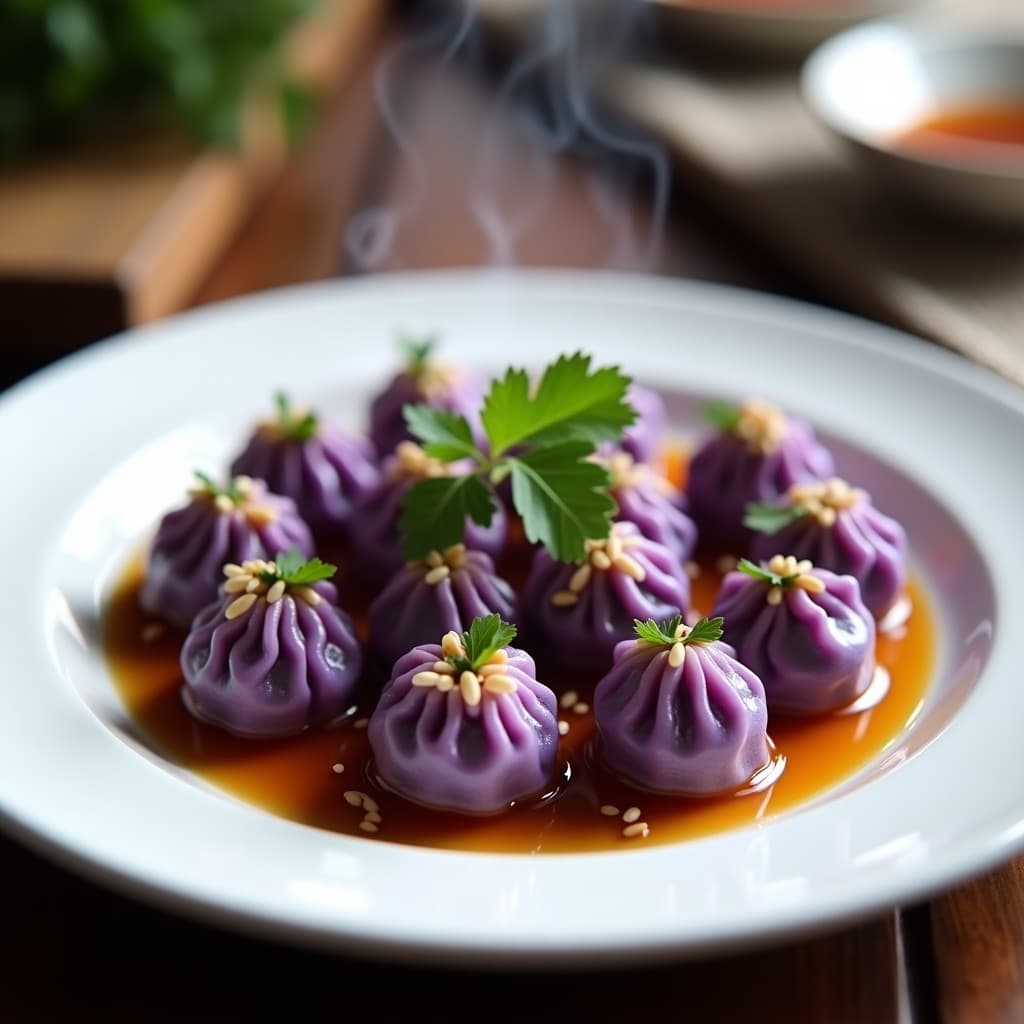 Plato blanco con dumplings de camote morado y queso azul al vapor, dispuestos en círculo con salsa de miel y soja brillante por encima. Fondos borrosos de vapor y hojas de cilantro como decoración.