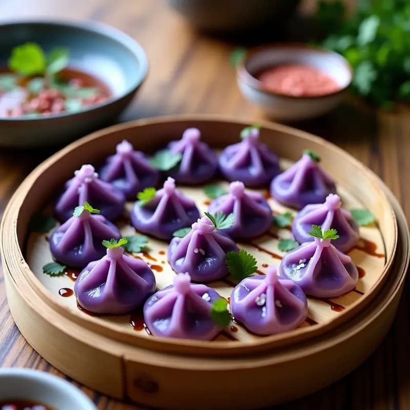 Dumplings de camote morado y queso de cabra al vapor en bandeja de bambú, con salsa de soja y cilantro fresco, receta china gourmet en Thermomix.