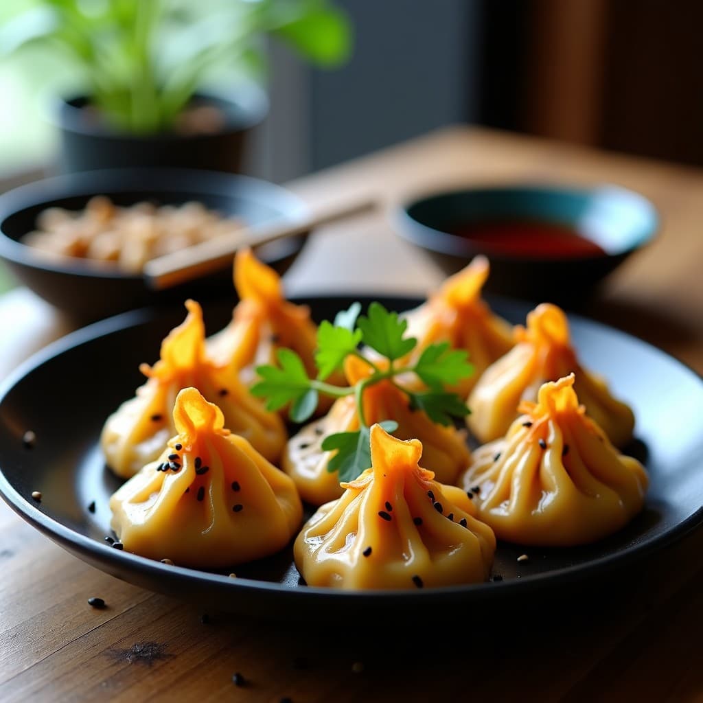 Dumplings de camote morado y queso de castaña dorados y crujientes en airfryer, servidos en plato de cerámica negra con semillas de sésamo negro y hojas de cilantro, receta china vegana.