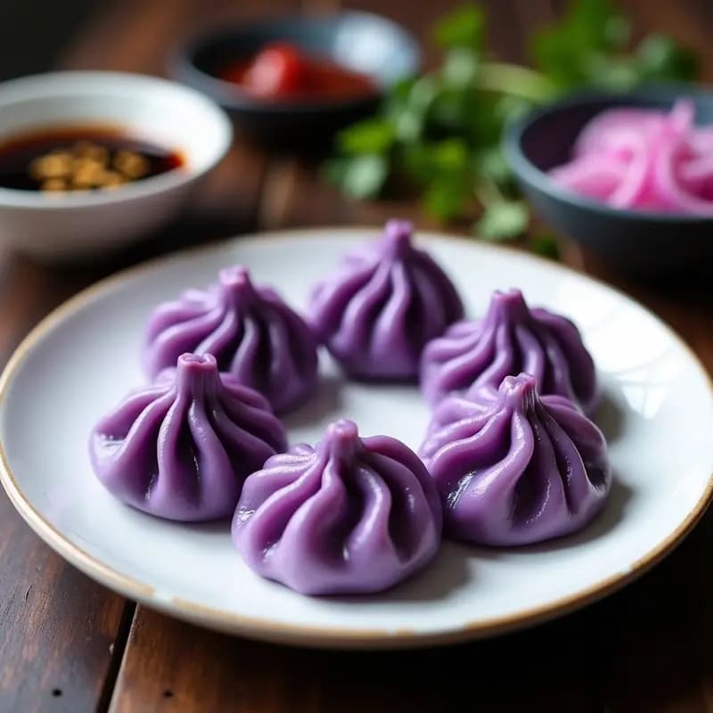 Plato blanco con dumplings de camote morado y queso vegano al vapor, dispuestos en círculo con brillo natural, acompañados de salsa de soja tamari y cebolla morada en vinagre sobre fondo de madera oscura.