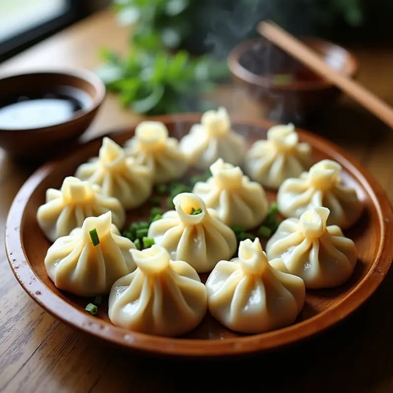 Dumplings de cerdo y cebolla verde al vapor servidos en un plato de bambú, con masa translúcida y pliegues perfectos, decorados con cebolla verde picada y un hilo de aceite de sésamo.