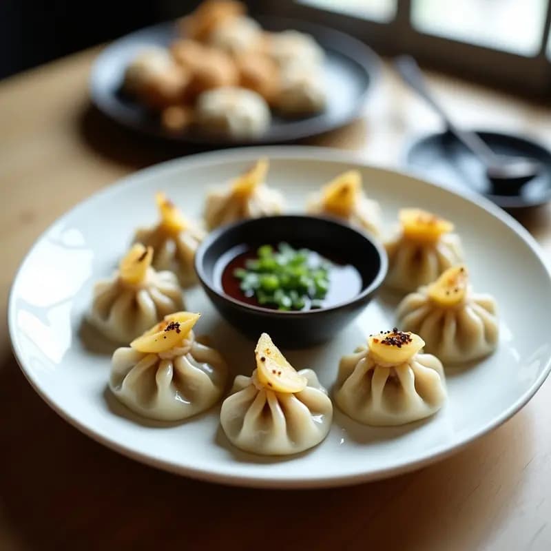 Plato de bambú con dumplings japonesas de cerdo y col al vapor, brillantes y perfectamente selladas, acompañadas de salsa de soja y jengibre oscura con semillas de sésamo tostadas, fondo difuminado con vapor.