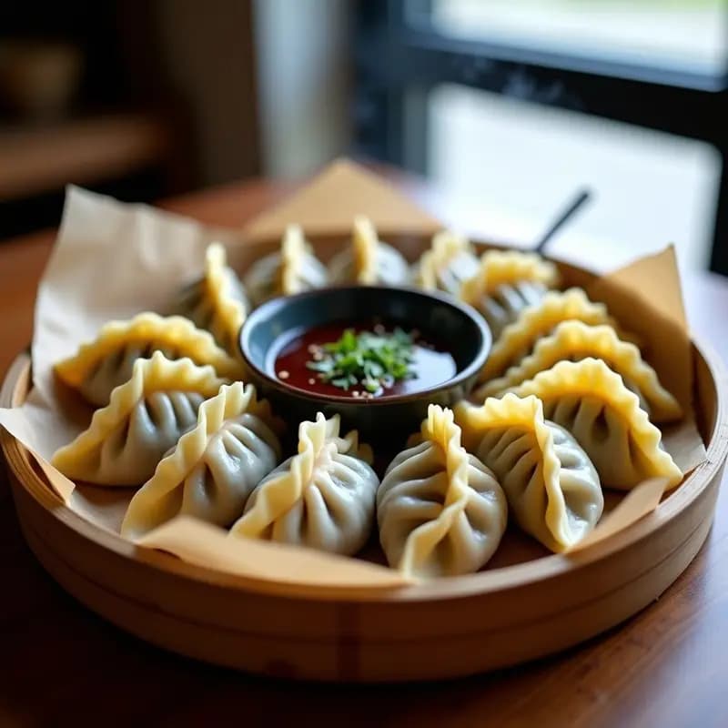 Dumplings chinas al vapor de cerdo y repollo morado con salsa soll, dispuestas en un plato de bambú con cebollino picado y salsa para mojar.