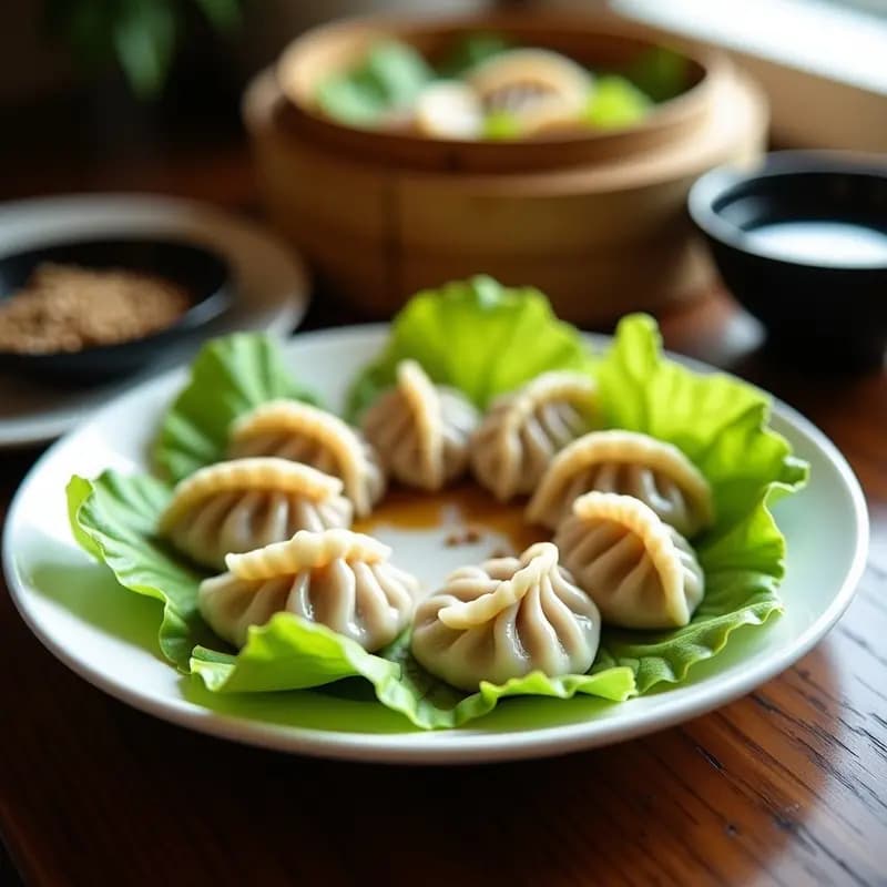 Dumplings de cerdo y repollo al vapor dispuestos en una vaporera de bambú, con pliegues perfectos y brillo en la masa, acompañados de salsa de soja y cebollino picado.