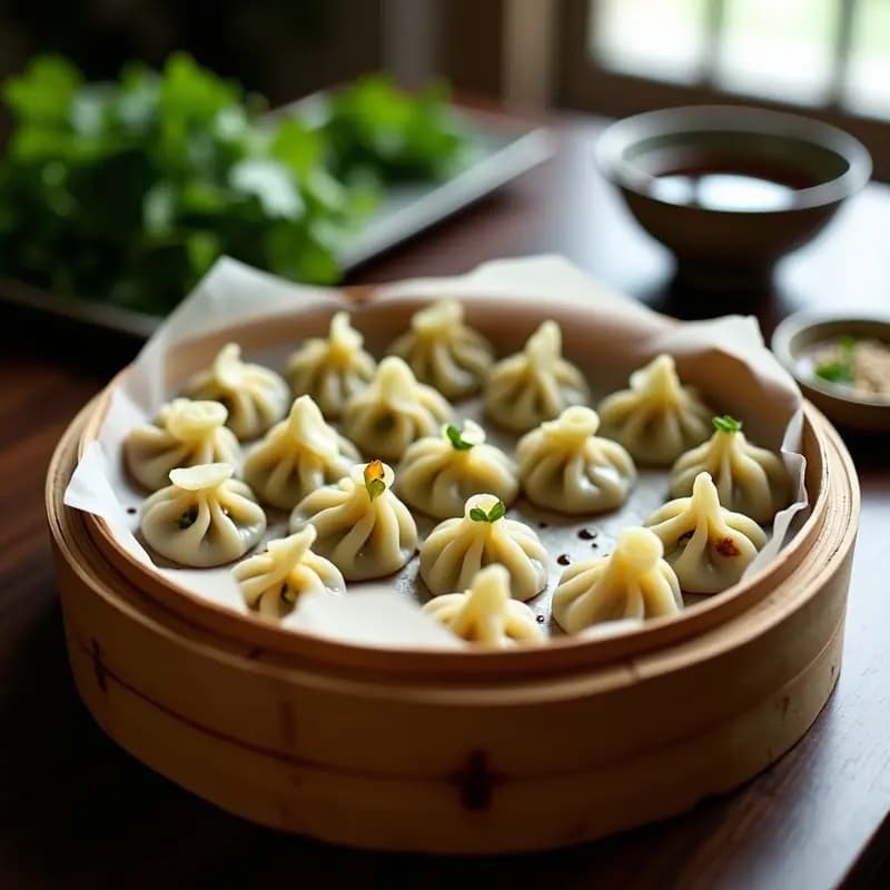 Dumplings chinas veganas al vapor de espárragos trigueros y champiñones shiitake, dispuestas en una vaporera de bambú sobre papel de horno, con salsa de soja baja en sodio y cilantro fresco como acompañamiento.