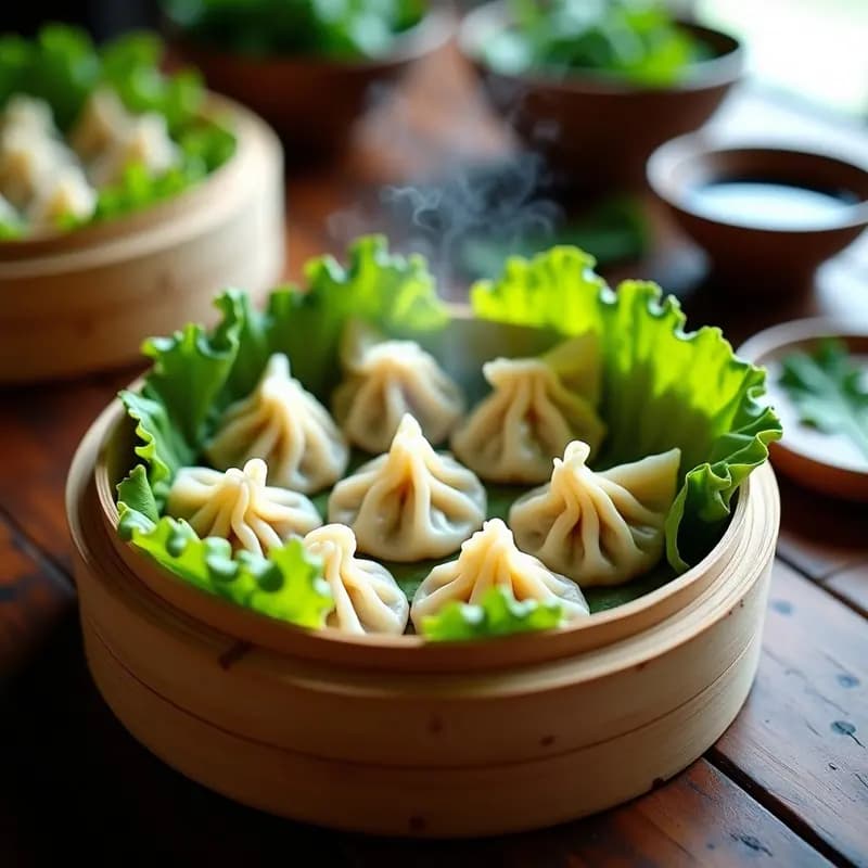 Vaporera de bambú con dumplings chinos de pollo y cilantro al vapor, dispuestos sobre hojas de lechuga romana. Los dumplings tienen pliegues decorativos y un brillo natural. Acompañados de una salsa oscura en un cuenco pequeño, sobre fondo de madera rústica.