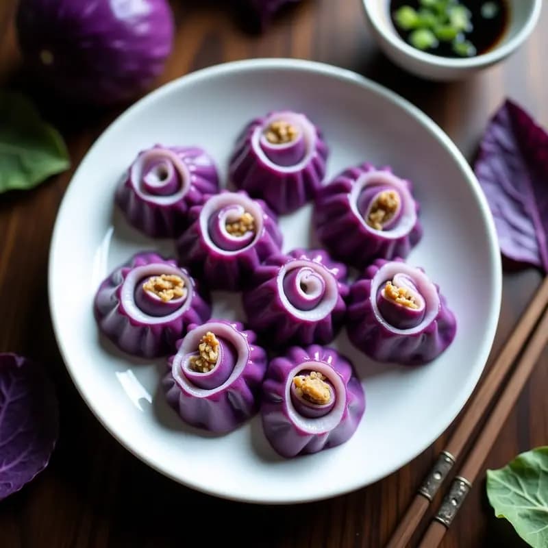 Plato blanco con dumplings de col morada y cerdo al vapor, plegados en espiral bicolor, brillantes y jugosos, sobre hojas de lechuga morada. Acompañados de salsa oscura y semillas de sésamo. Receta china alta en proteína.