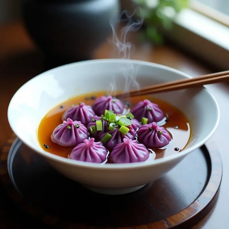 Bowl hondo de cerámica negra con dumplings de col morada y jengibre en caldo de miso vegano, decorados con cebollino y semillas de sésamo negro, sobre fondo de madera oscura.