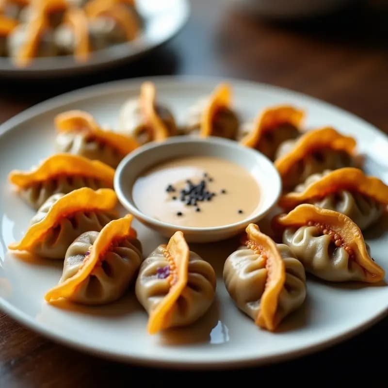 Dumplings dorados y crujientes de col morada y jengibre dispuestos en un plato de cerámica blanca, con salsa de sésamo espesa y semillas de sésamo negro espolvoreadas. Aperitivo chino en airfryer, vegano y sin gluten.