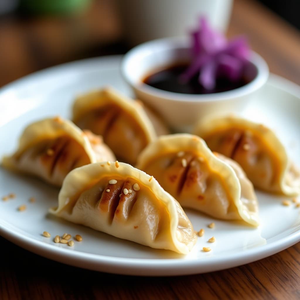 Plato blanco con dumplings de col morada y queso de anacardos dorados y crujientes, servidos en airfryer. Decorados con semillas de sésamo y hojas de col morada en juliana. Acompañados de salsa de soja y vinagre de arroz en un pequeño bol.