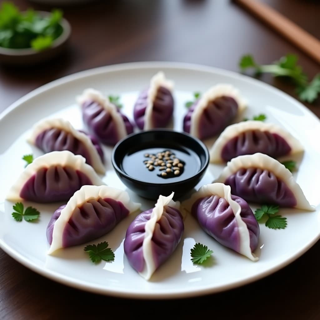 Plato blanco con dumplings de col morada y tofu sedoso al vapor, bañados en salsa de sésamo negro, decorados con semillas de sésamo y servidos con palillos. Receta en olla exprés, vegana y sin gluten.