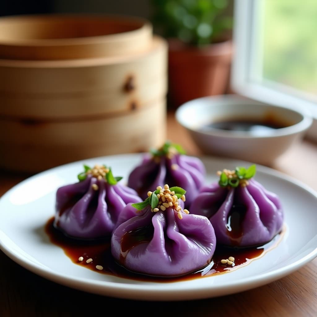 Dumplings de col morada y tofu al vapor con salsa de soja negra servidos en plato de cerámica blanca, con bordes bien sellados y brillo dorado, acompañados de salsa oscura y cebollino picado.
