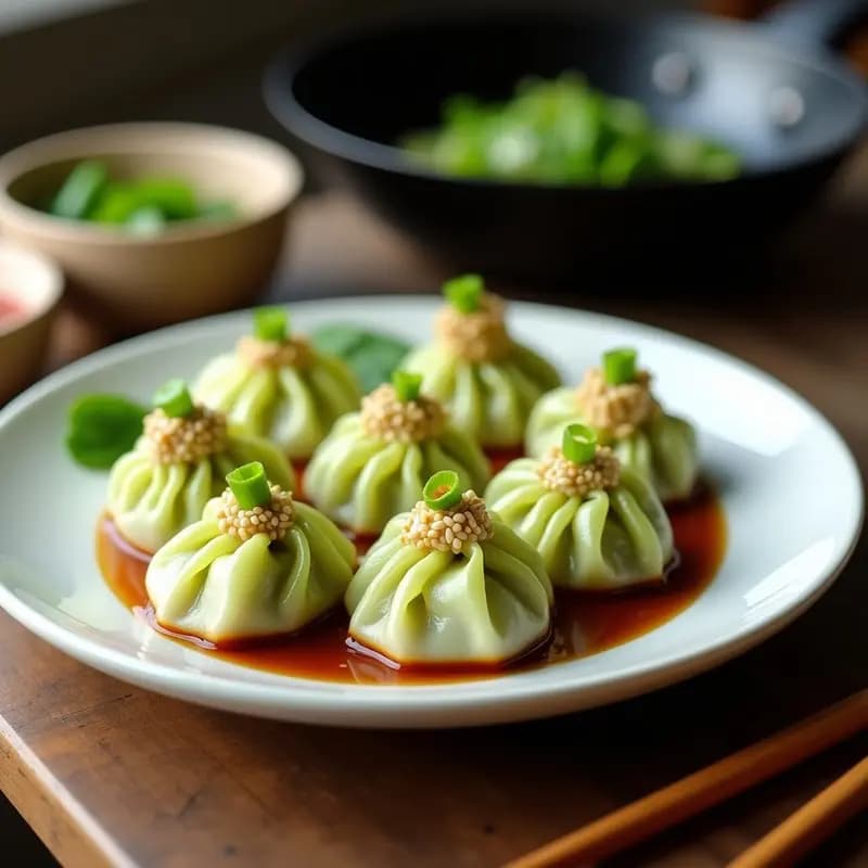 Plato blanco con dumplings de col rellenos de cerdo y repollo, cocinados en wok, bañados en salsa de soya baja en sodio y decorados con semillas de sésamo, servidos sobre un fondo de madera oscura.