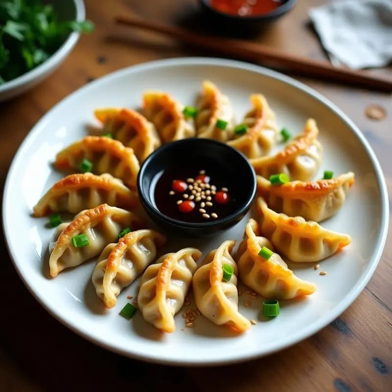 Dumplings chinos dorados en forma de media luna sobre un plato de cerámica negra, rellenos de col rizada y camarones, con salsa de chile y soja negra al lado. Decorados con cebollino picado y aceite de sésamo, receta en airfryer.