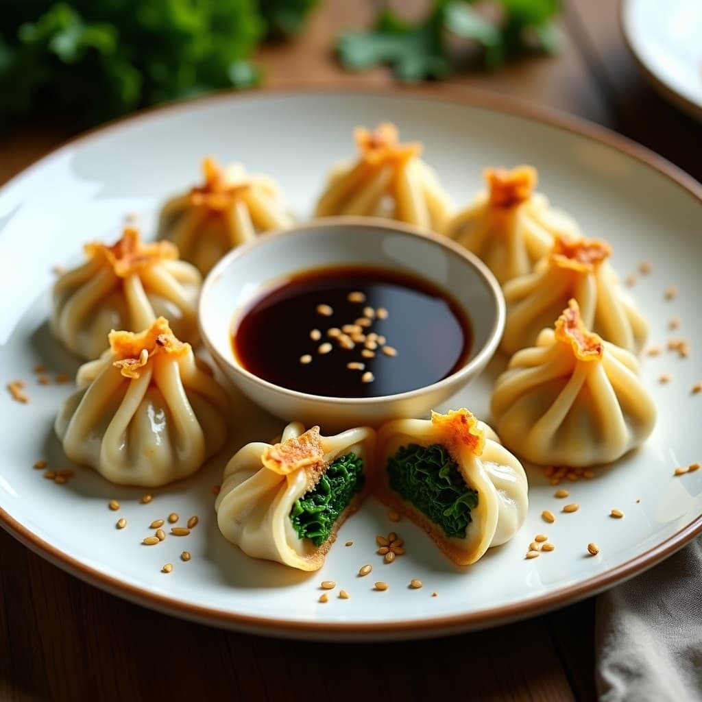 Dumplings dorados y crujientes de col rizada y queso de cashew en Airfryer, servidos en plato blanco con salsa de tamari y semillas de sésamo espolvoreadas, receta sin lactosa.