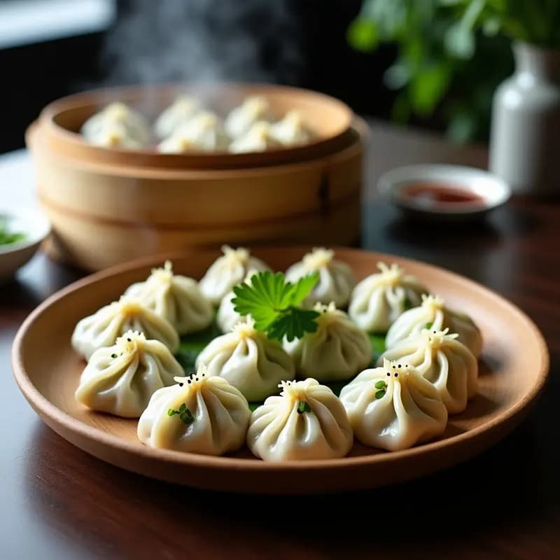 Dumplings de col rizada y tofu al vapor sin gluten, aperitivo chino vegano con masa translúcida y relleno verde oscuro, servidos en vaporera de bambú con semillas de sésamo negro y cebollino picado.